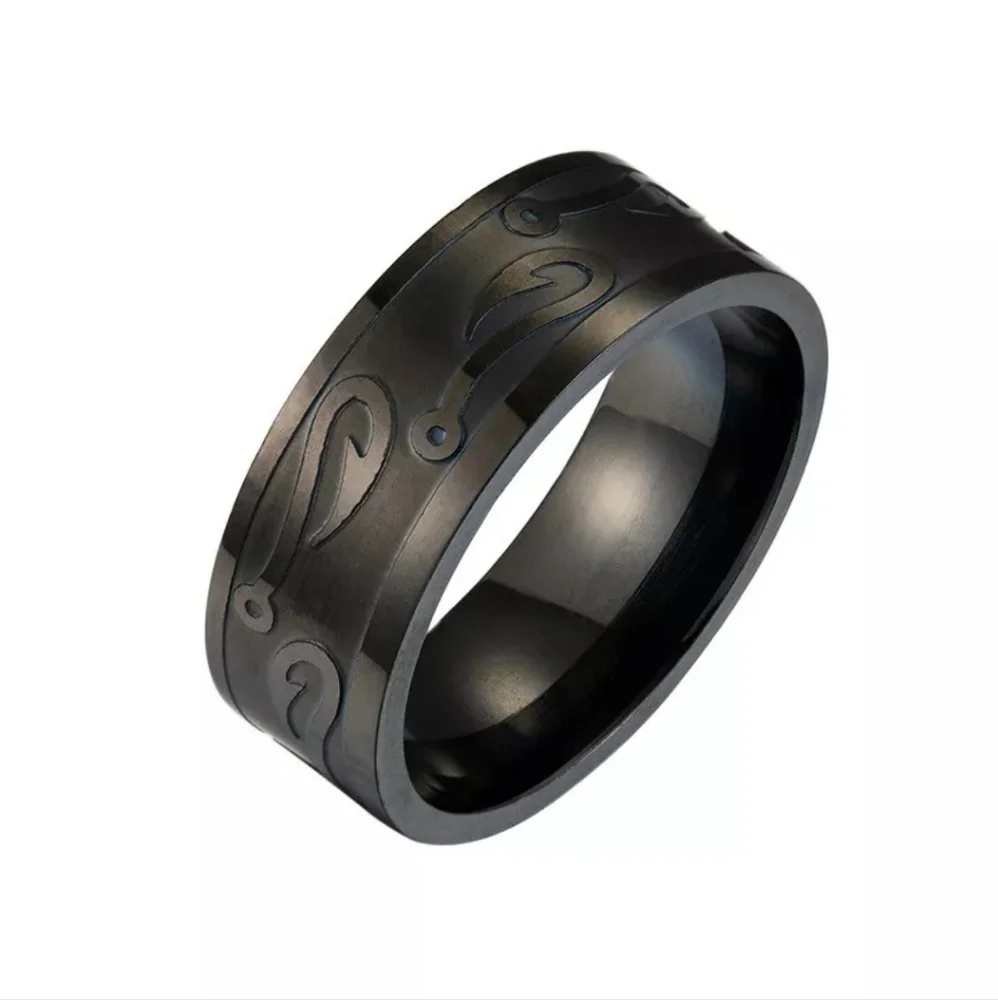 Tungsten Carbide FISHING HOOK Fisherman Angling Gold Silver Black 8mm Band Ring